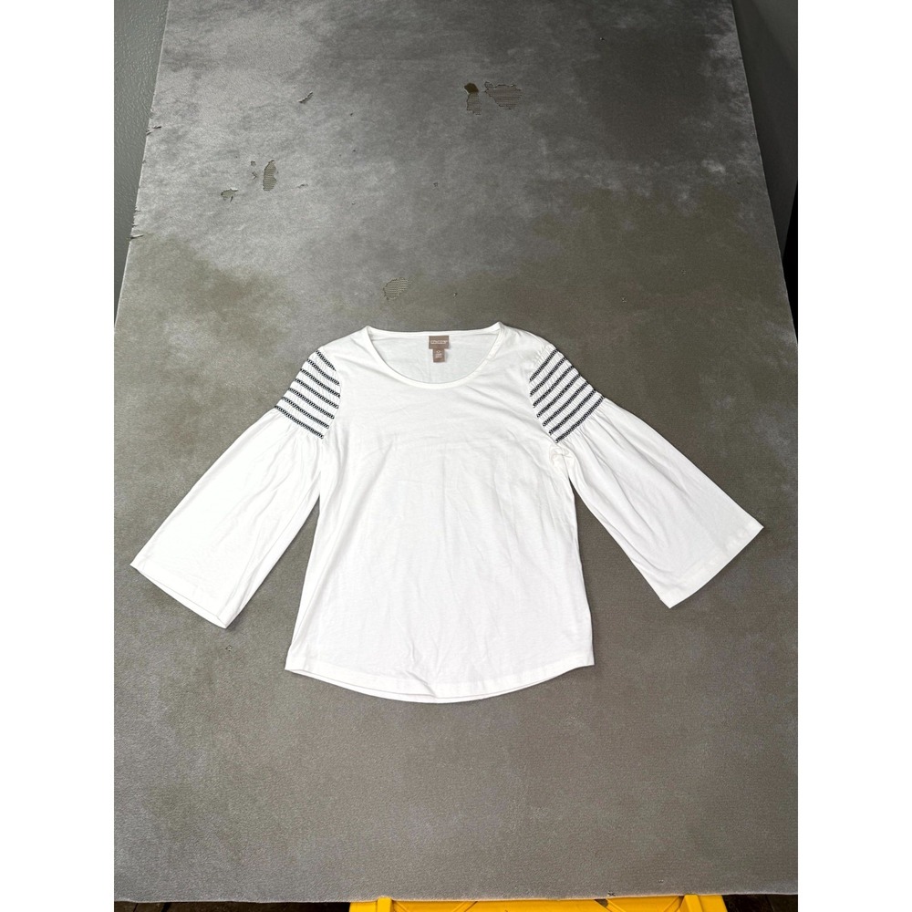 Chico's Blouse Top Womens 0 White Cotton Smocked Shoulder Bell Sleeve Round Neck
